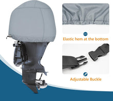 Load image into Gallery viewer, Gray outboard motor cover with adjustable buckle and elastic hem feature on a white background.