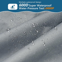 Load image into Gallery viewer, Textured gray fabric with water droplets and waterproof certification details on a blue background