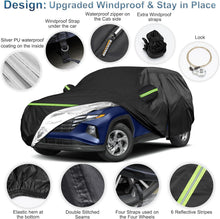 Load image into Gallery viewer, Advanced windproof car cover design featuring a silver PU waterproof lining, cab-side zipper, security lock, and six reflective stripes.