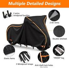 Load image into Gallery viewer, Black motorcycle cover with features highlighted on a white background