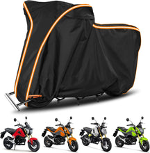 Load image into Gallery viewer, Black motorcycle cover with orange trim on a white background, with small models of motorcycles below.