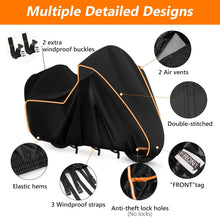 Load image into Gallery viewer, Black motorcycle seat cover with features highlighted on a white background
