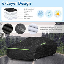 Load image into Gallery viewer, Car cover with 6-layer design features and durability text, shown outdoors.