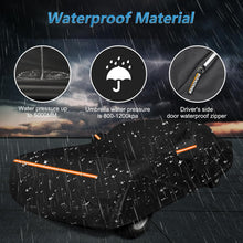 Load image into Gallery viewer, Car cover with waterproof material features, including water pressure and zipper details, on a rainy background.