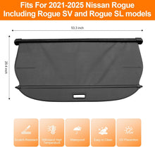 Load image into Gallery viewer, Car trunk cover with dimensions and features for 2021-2025 Nissan Rogue models.