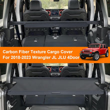 Load image into Gallery viewer, Carbon fiber texture cargo cover for 2018-2023 Wrangler JL JLU 4Door with vehicle image on an orange banner.