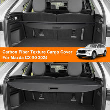 Load image into Gallery viewer, Carbon fiber texture cargo cover for Mazda CX-90 2024 with car image overlay.