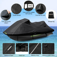 Load image into Gallery viewer, Heavy-duty Jet Ski cover features including a fuel tank access zipper, dual rear air vents, front identification tag, and trailer hitch opening.