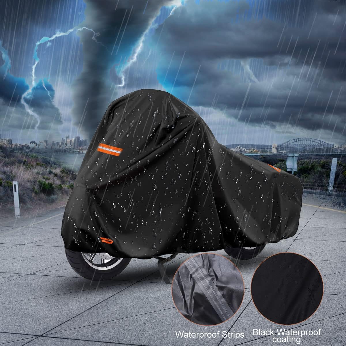 Waterproof motorcycle cover with sealed strips for heavy rain protection.
