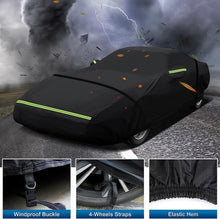 Load image into Gallery viewer, Windproof car cover with 4-wheel straps and elastic hem for storms.