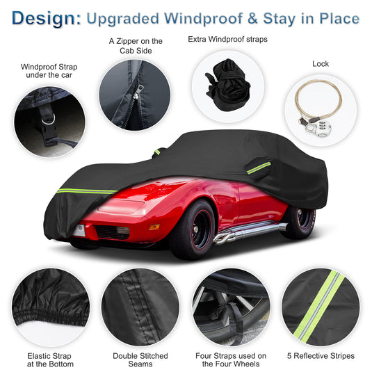 for C3 Corvette Car Cover Waterproof, Sun Heat Protection Outdoor Full Car Covers with Driver Side Zipper Windproof Heavy Duty All Weather Fit for C3 1968-1982 Chevy Corvette,Not for Rear Wing