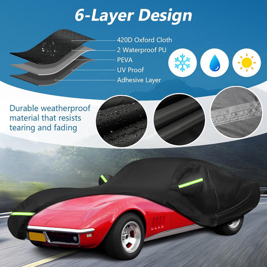 6-layer black waterproof car cover on a red sports car, featuring 420D Oxford cloth and UV protection.