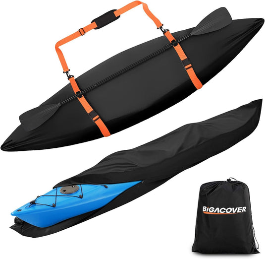 13ft Kayak Cover 600D Waterproof UV Protection Heavy Duty Full Canoe Cover with Zipper & 2 Adjustable Straps & 1 Shoulder Strap for Indoor/Outdoor Kayak/Canoe/Paddle Board(NOT for BKC Kayak)