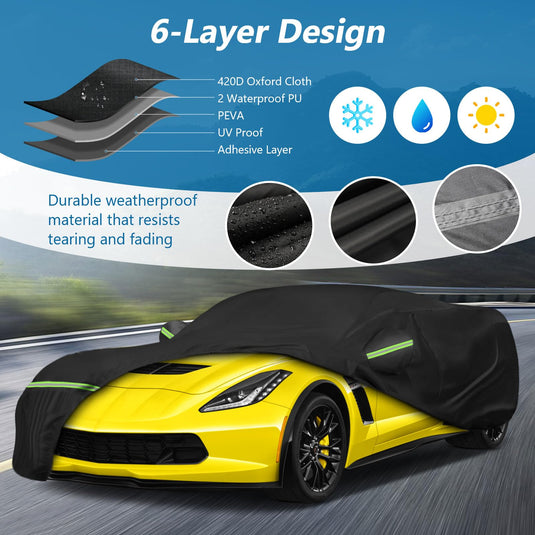 for C6 Corvette Full Car Cover Waterproof, Outdoor Car Covers Windproof Heavy Duty All Weather Waterproof Protection Universal Custom Compatible with C6 2005-2013 Chevy Corvette(Black)