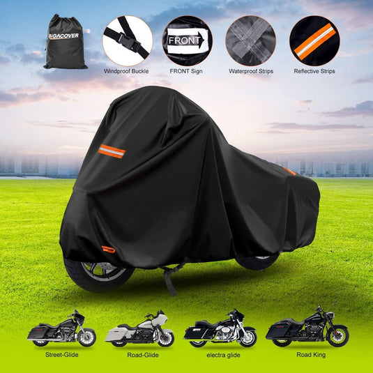 300D Motorcycle Cover for Touring Models Road King Street Glide Road Glide Outdoor Bike Cover Windproof Heavy Duty Waterproof Protection Fits up to 118” Motorcycles