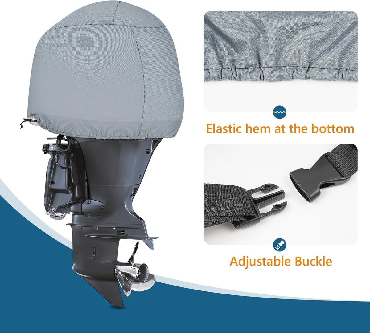Gray outboard motor cover with adjustable buckle and elastic hem feature on a white background.