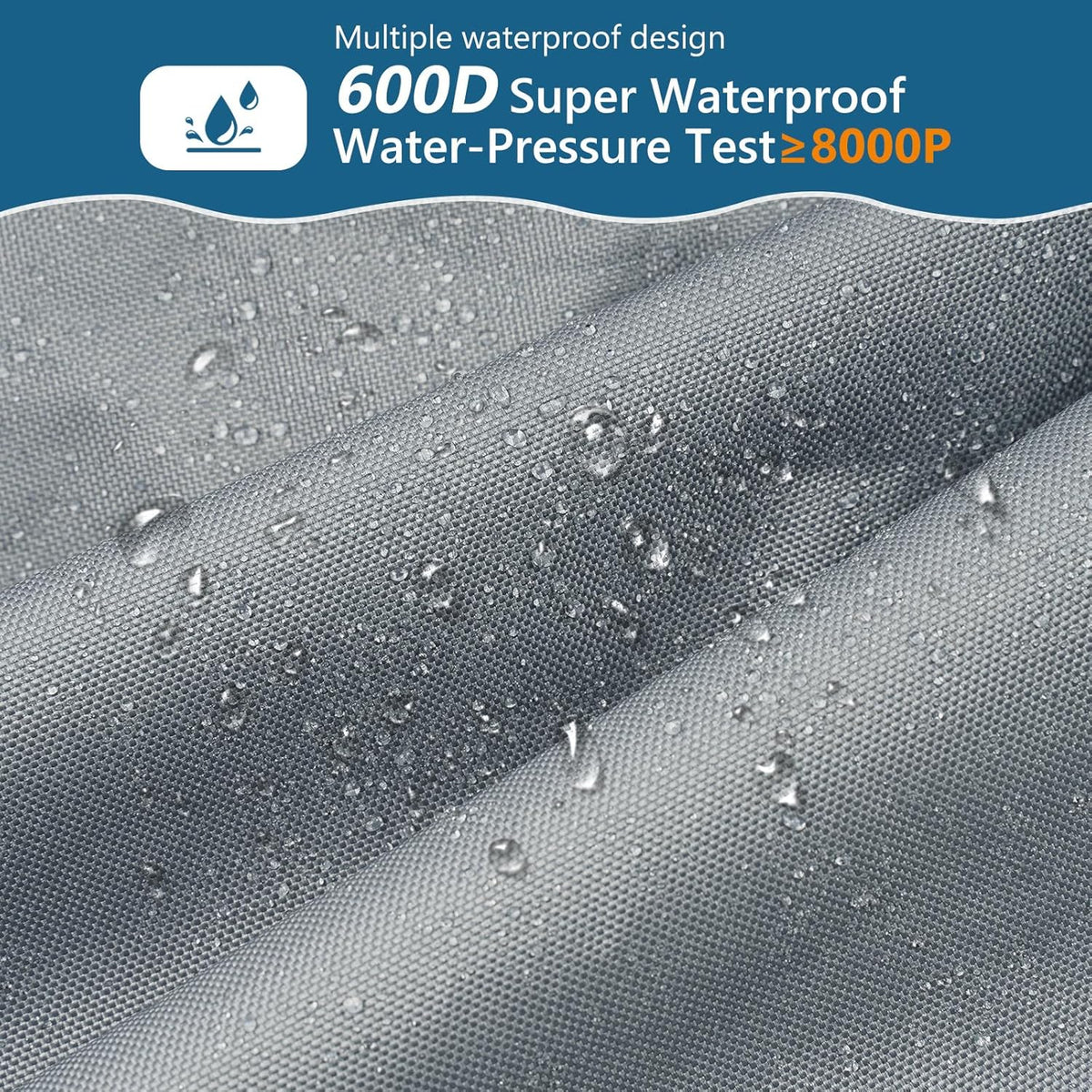 Textured gray fabric with water droplets and waterproof certification details on a blue background

