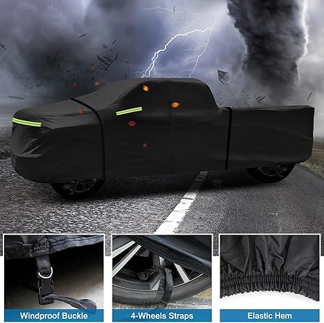 A black pickup truck cover shown in a storm with lightning and a tornado, emphasizing windproof security with a reinforced buckle system, 4-wheel straps, and an elastic hem.