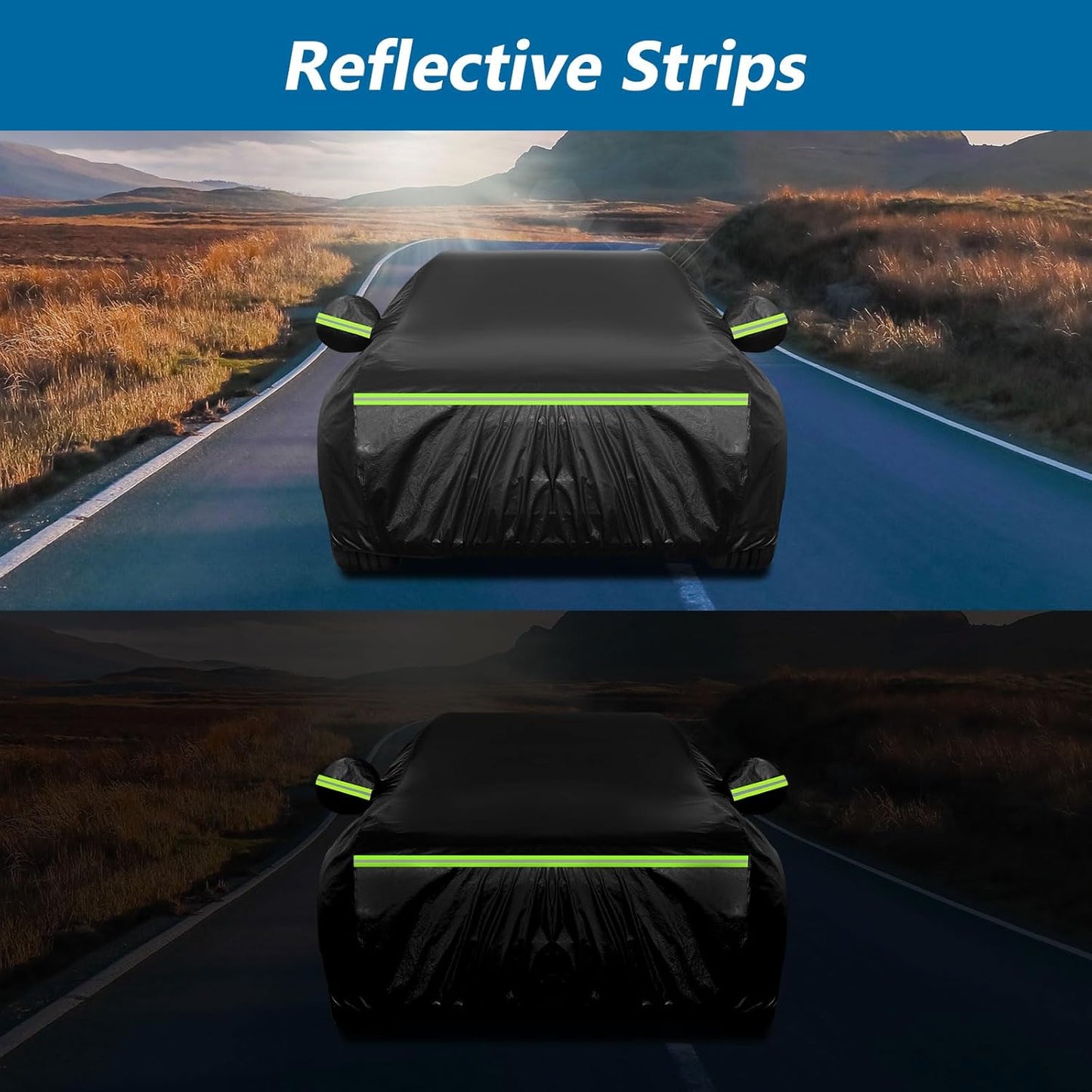 A daytime and nighttime comparison of a black car cover featuring bright lime green reflective strips on the front hood and side mirrors for increased visibility.