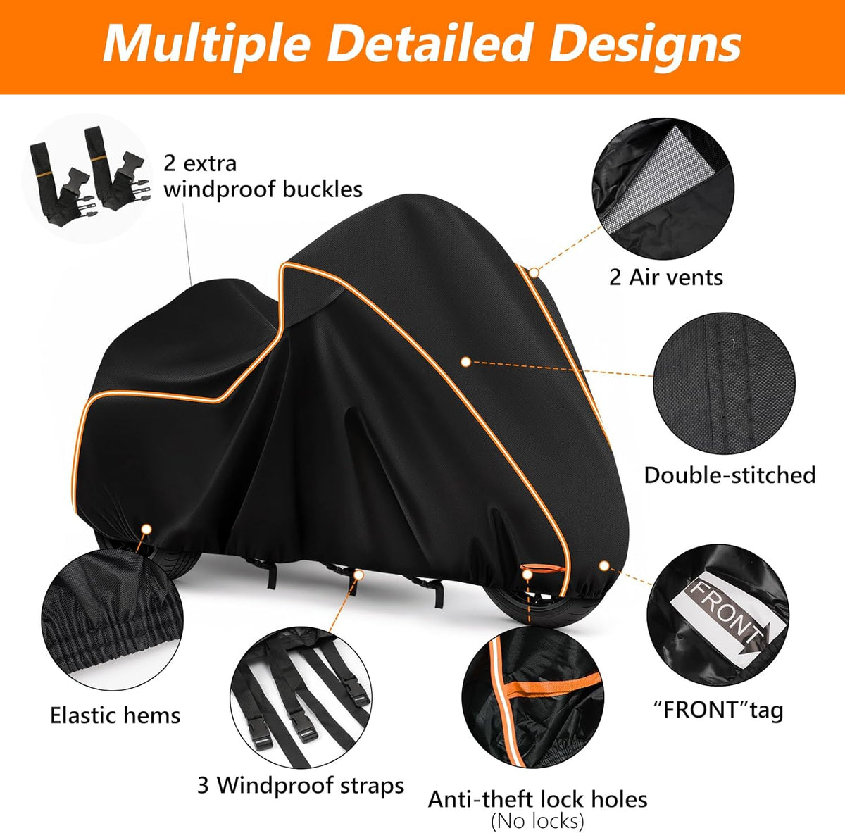 A detailed infographic of a heavy-duty motorcycle cover showing its 3 windproof straps, 2 extra buckles, and built-in air vents for moisture control.