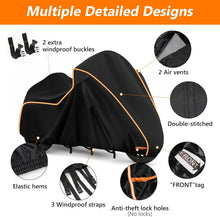 Load image into Gallery viewer, A detailed infographic of a heavy-duty motorcycle cover showing its 3 windproof straps, 2 extra buckles, and built-in air vents for moisture control.
