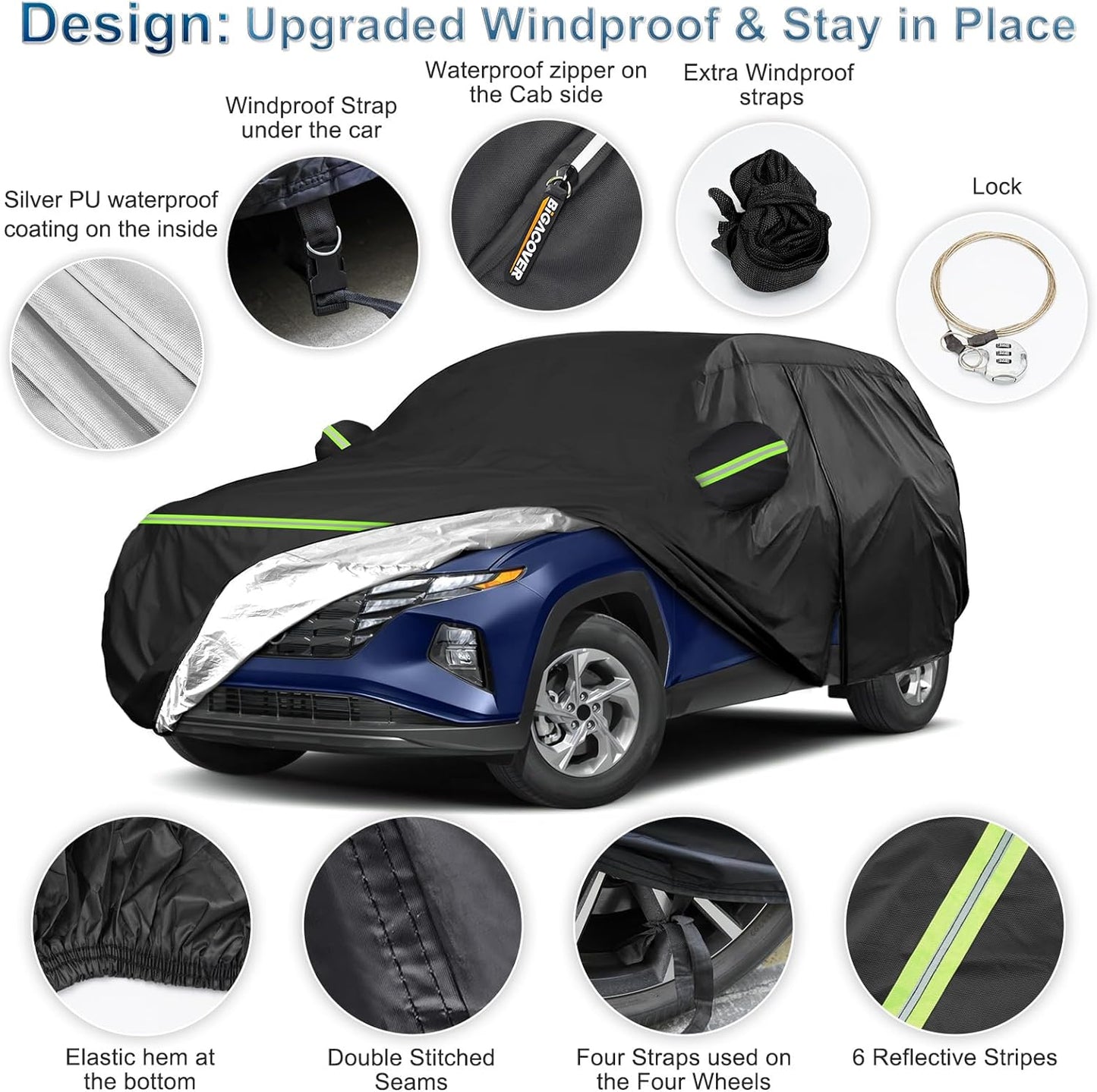 Advanced windproof car cover design featuring a silver PU waterproof lining, cab-side zipper, security lock, and six reflective stripes.