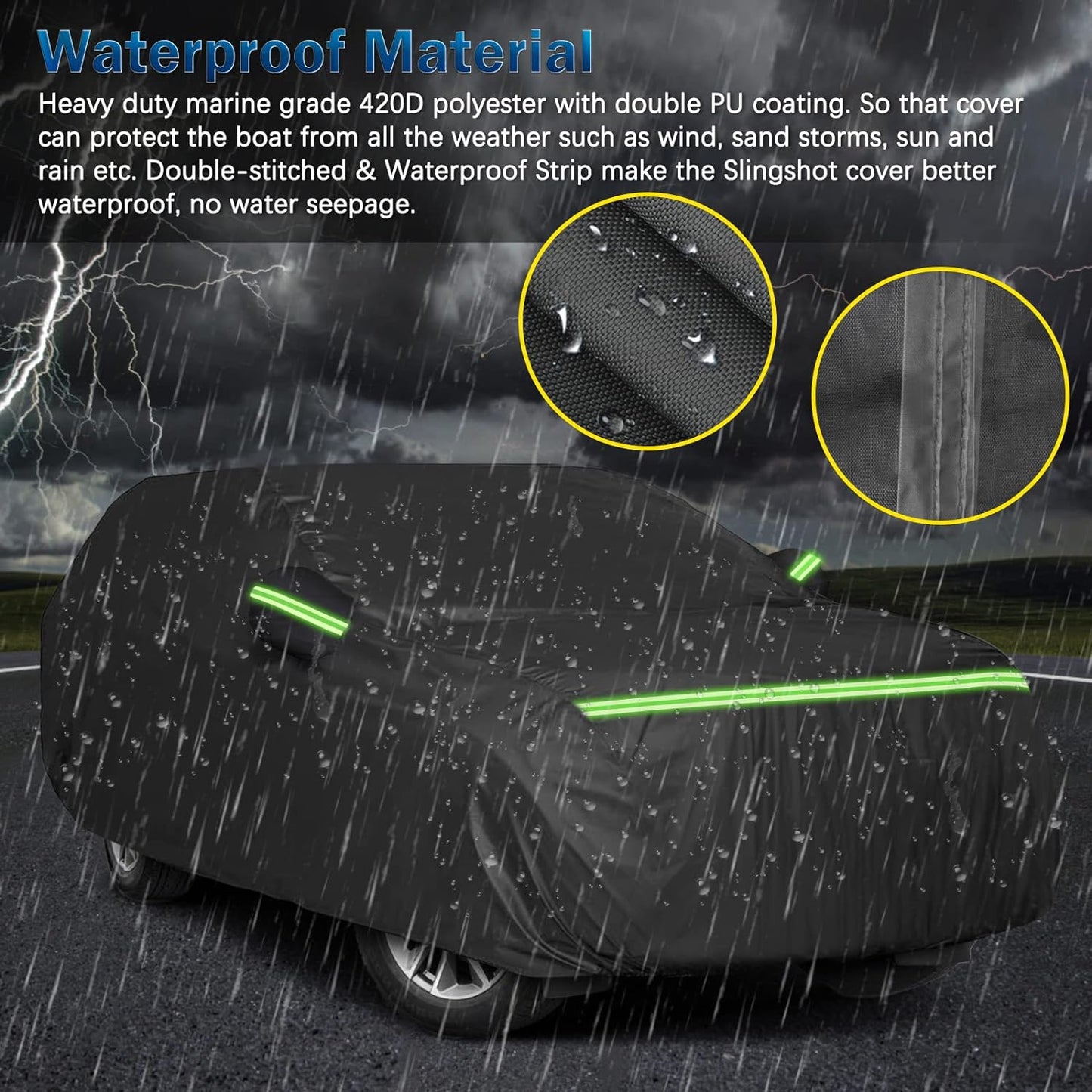 All-weather 420D Oxford car cover showing waterproof protection from both exterior (outside) and interior (inside) perspectives.