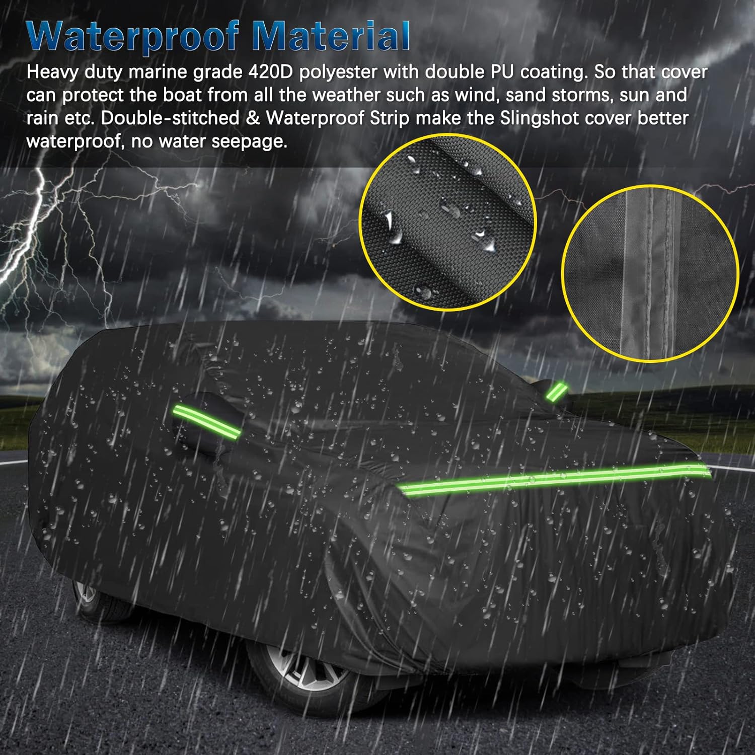 All-weather 420D Oxford car cover showing waterproof protection from both exterior (outside) and interior (inside) perspectives.