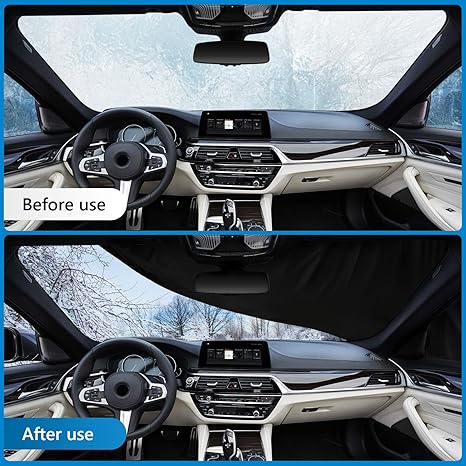 Before and after comparison of a car's interior with a snow-covered windshield.