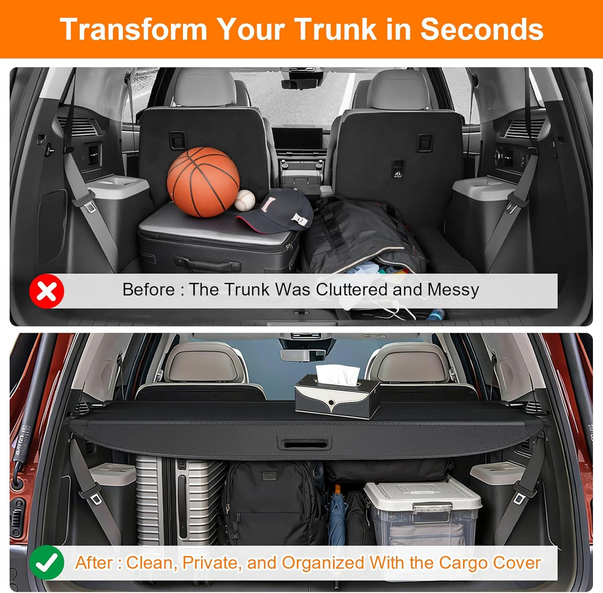 Before and after comparison of a car trunk with a cargo cover, showing a cluttered state and then being organized.