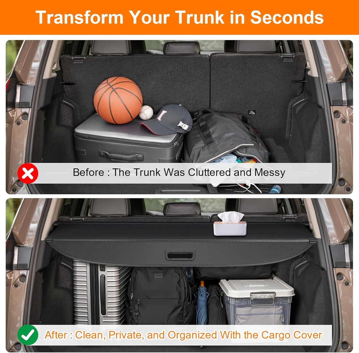 Before and after comparison of a car trunk with a cargo cover, showing cluttered state and organized state.