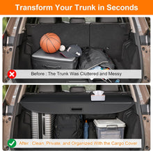 Load image into Gallery viewer, Before and after comparison of a car trunk with a cargo cover, showing cluttered state and organized state.
