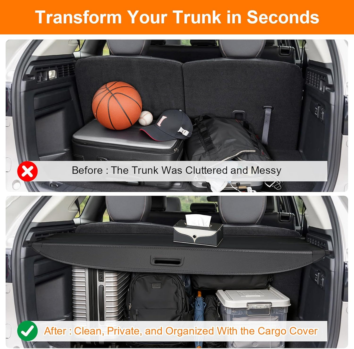 Before and after comparison of a car trunk with a cargo cover, showing cluttered state and then clean, organized state.