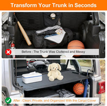 Load image into Gallery viewer, Before and after comparison of a trunk cargo cover for organized and private vehicle storage.
