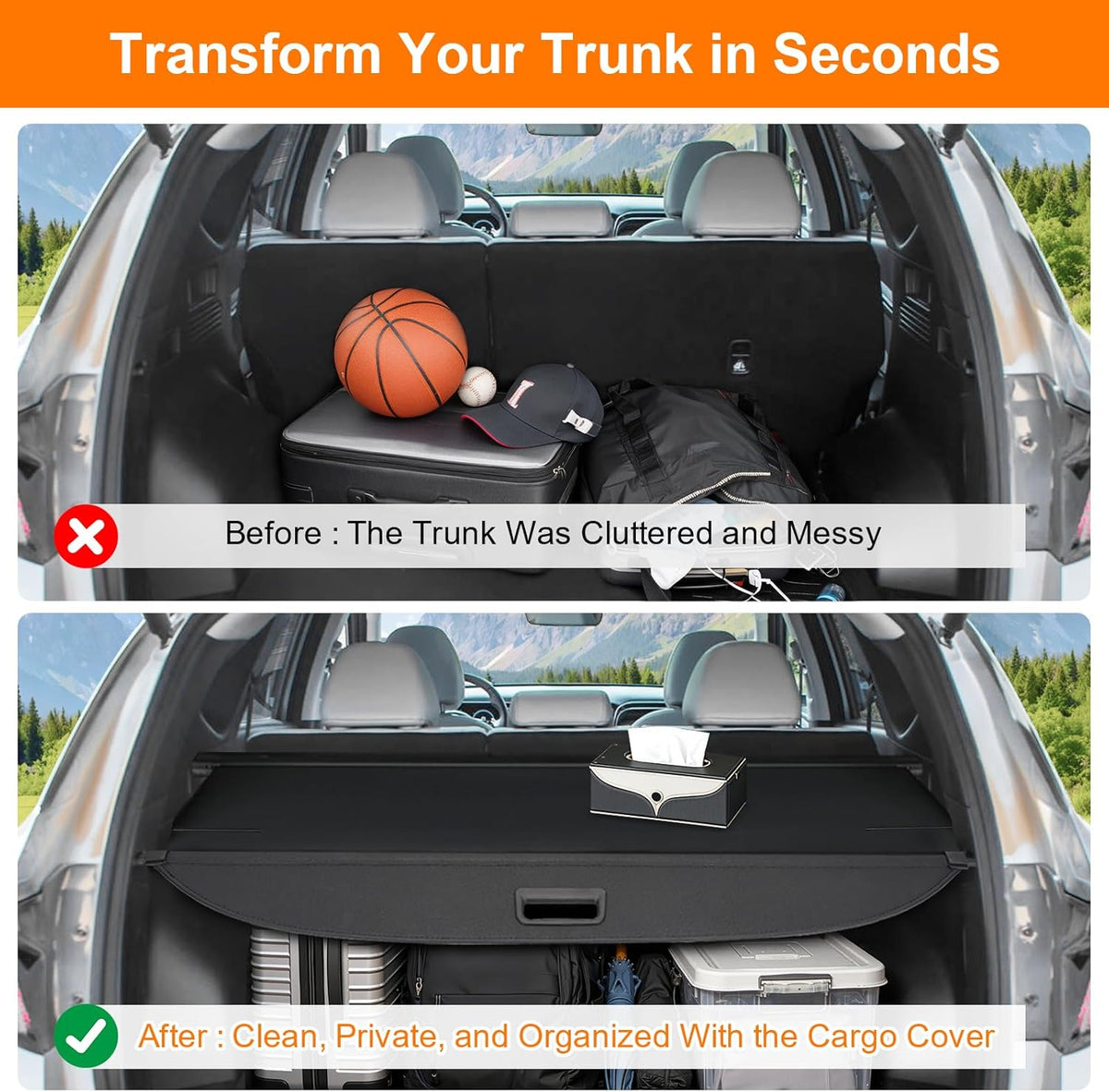 Before and after view of a retractable trunk cargo cover providing clean and organized vehicle storage.
