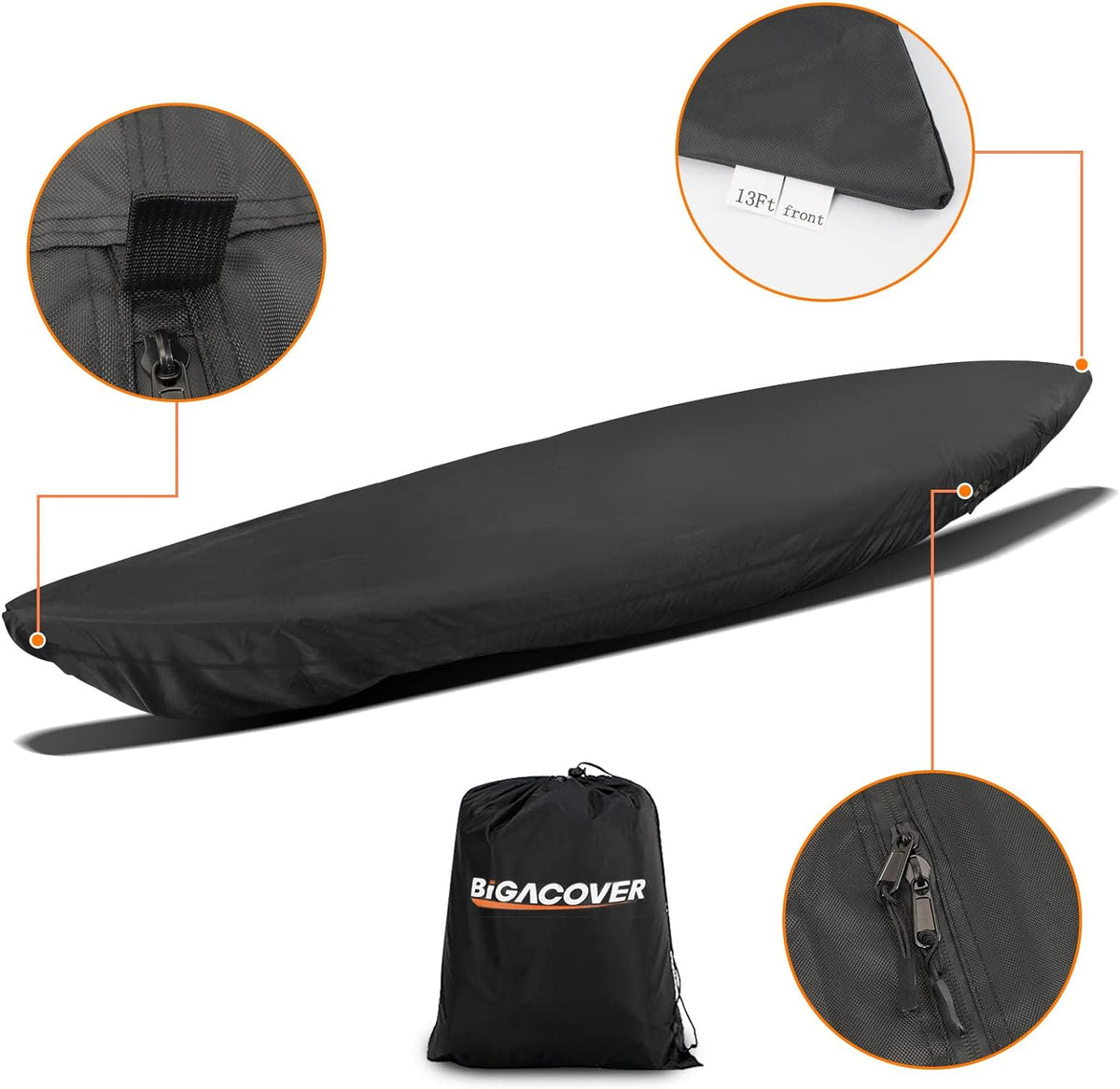 Black 13ft kayak cover with storage bag, front identification label, and dual zippers.