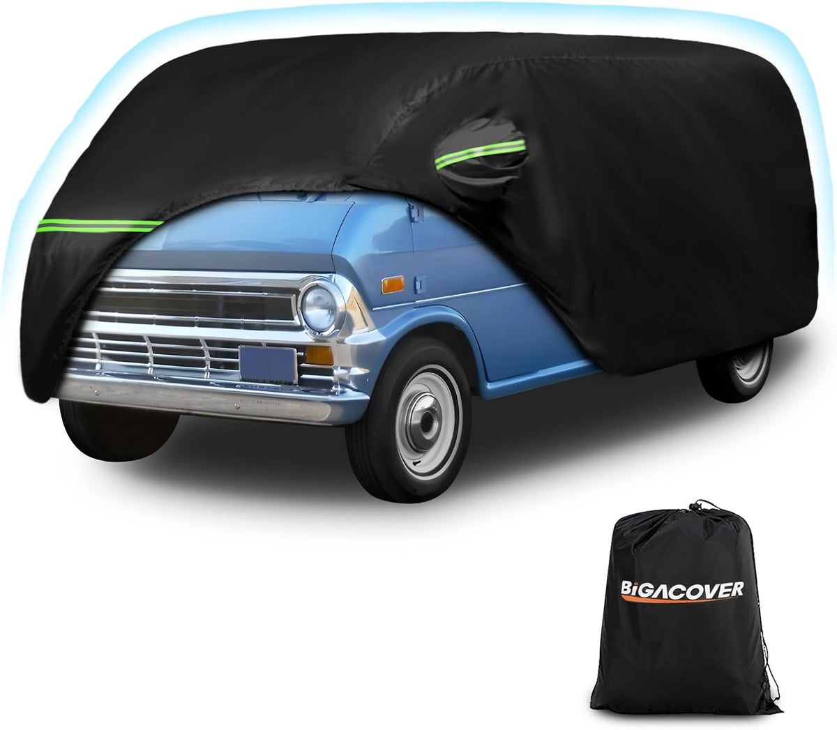 Black car cover on a blue car with Bigacover branding.