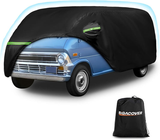 Black car cover on a blue car with Bigacover branding.