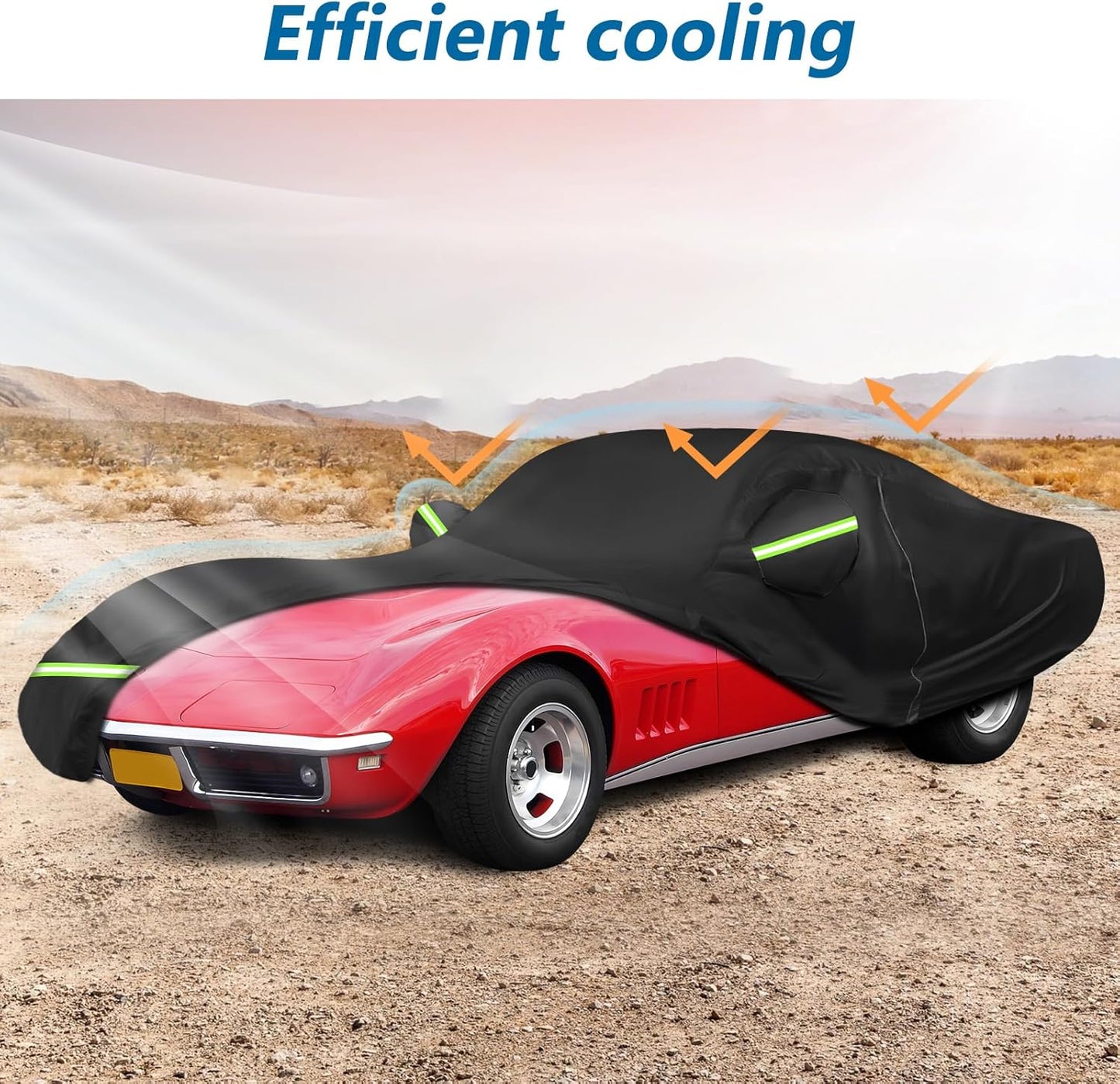 Black car cover on a red sports car in a desert setting, with orange arrows illustrating efficient cooling and heat reflection.