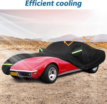 Load image into Gallery viewer, Black car cover on a red sports car in a desert setting, with orange arrows illustrating efficient cooling and heat reflection.
