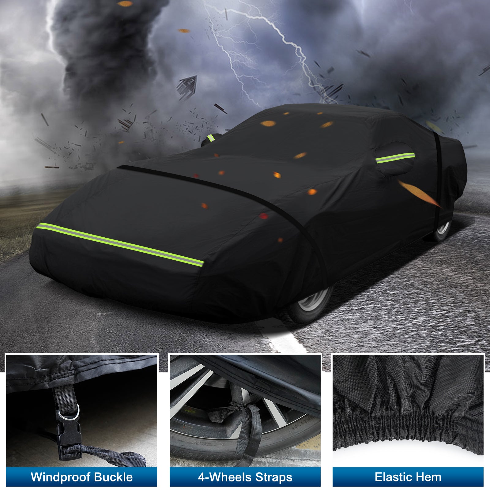 Black car cover with a driver-side door zipper for easy access and entry.