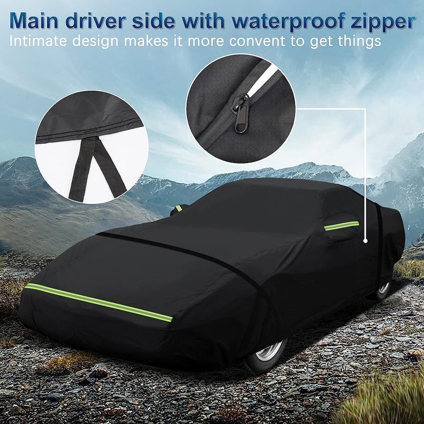 Black car cover with a waterproof driver-side door zipper.