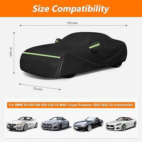 Black car cover with dimensions and compatibility for BMW Z4 models on a white background