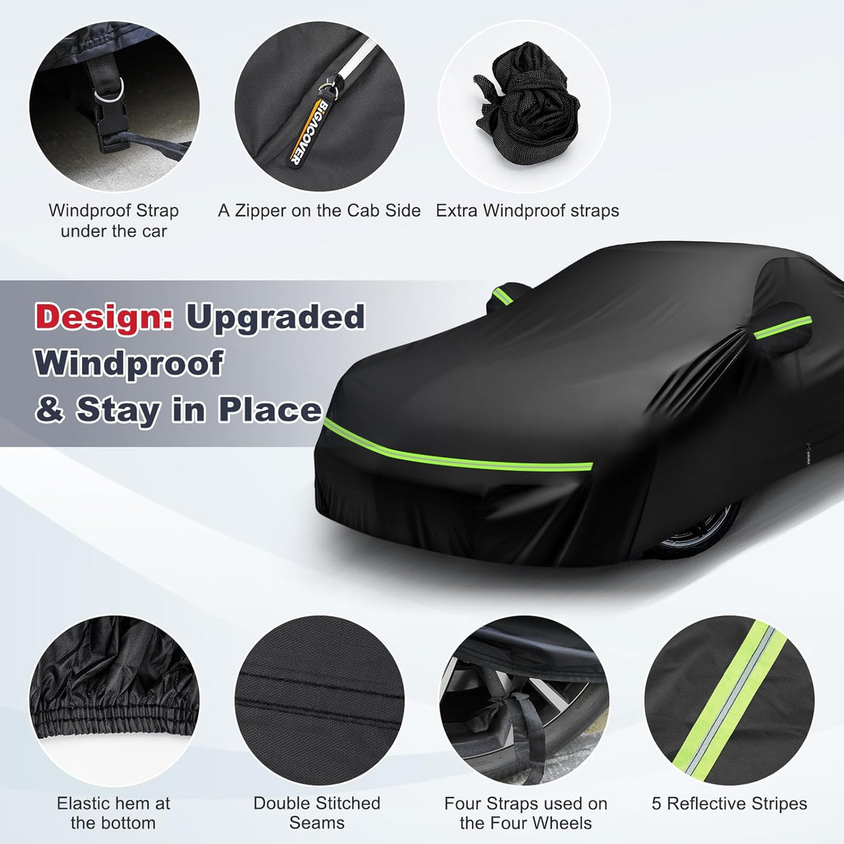 Black car cover with features highlighted on a white background