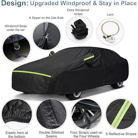 Black car cover with features highlighted on a white background