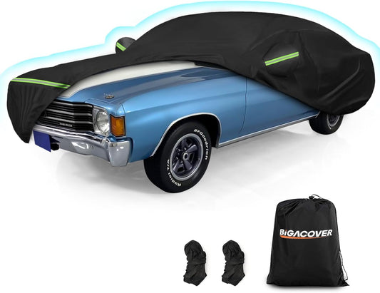 Black car cover with green accents on a blue classic car, accompanied by a black carrying bag and gloves.