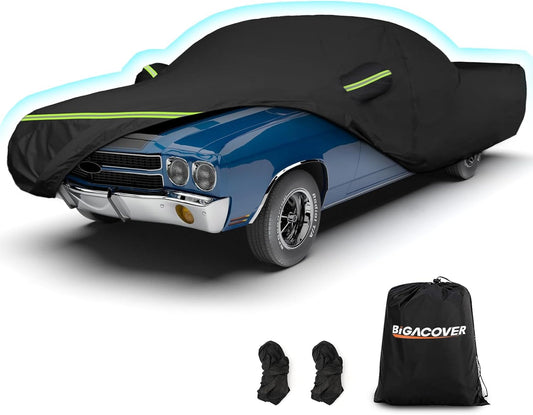 Black car cover with green accents on a blue classic car, accompanied by a black bag labeled 'BIGACOVER'.