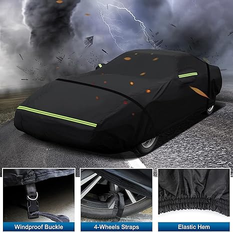 Black car cover with green reflective stripes on a stormy background