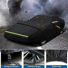 Load image into Gallery viewer, Black car cover with green reflective stripes on a stormy background
