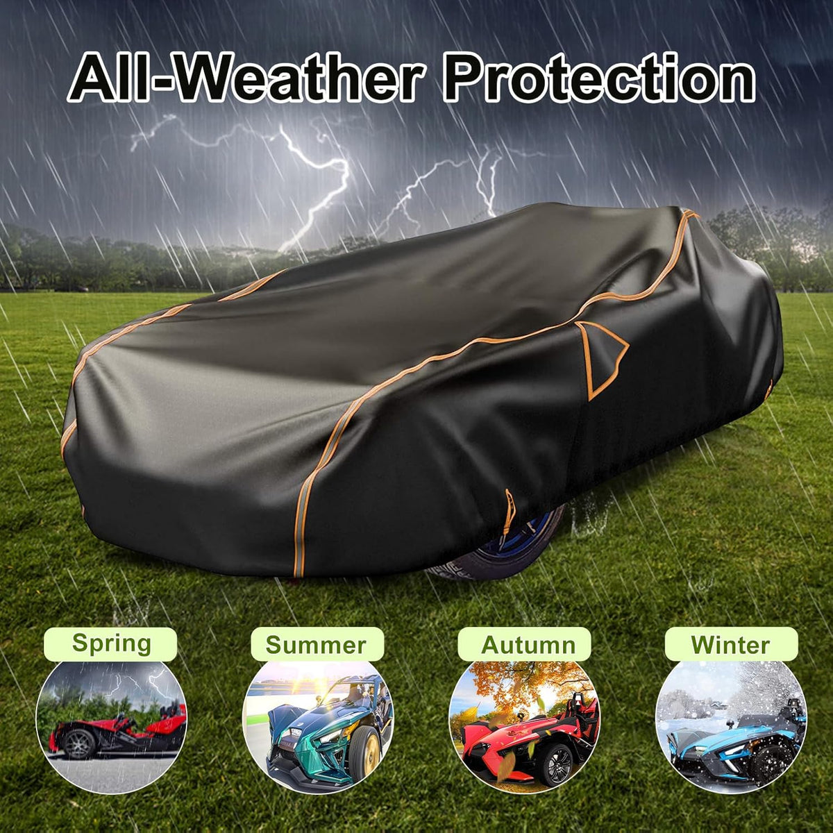Black car cover with orange trim on a grassy field with weather effects, labeled 'All-Weather Protection'.